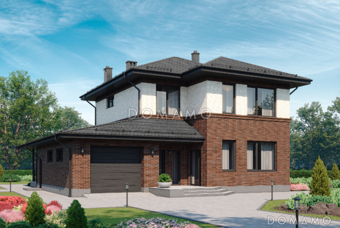 Проект двухэтажного дома с гаражом, котельной-хозкомнатой, террасой