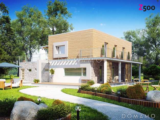 Проект современного двухэтажного дома с плоской крышей из кирпича с четырьмя спальнями, гаражом и просторной террасой над ним