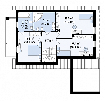Проект одноэтажного мансардного дома из газобетона с балконом и с фронтальным пристроенным гаражом / План мансардного этажа