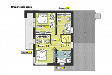 Проект дома с кухней-столовой с выходом на террасу, двумя спальнями на первом этаже, длинным балконом / План мансардного этажа