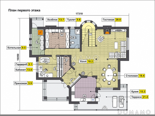 Дом с полукруглым эркером, смежным холлом, гостиной и столовой,  мансардным помещением / План 1 этажа