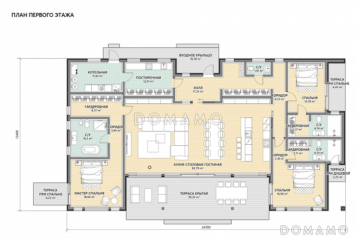 Проект одноэтажного каркасного дома с 3 спальнями и просторной крытой террасой / План 1 этажа