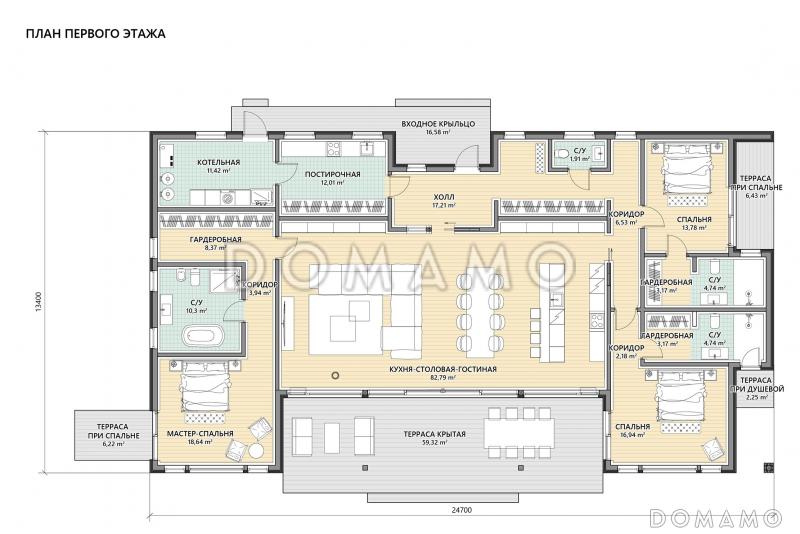 Проект одноэтажного каркасного дома с 3 спальнями и просторной крытой террасой / План 1 этажа