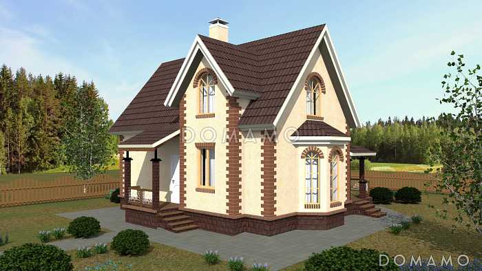 Проект небольшого дома из кирпича с большим крыльцом и эркером