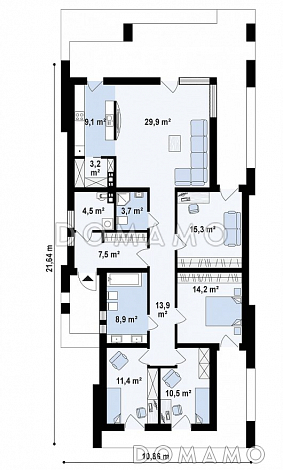 Проект одноэтажного дома из кирпича с плоской крышей, с четырьмя спальнями и крытыми террасами / План 1 этажа