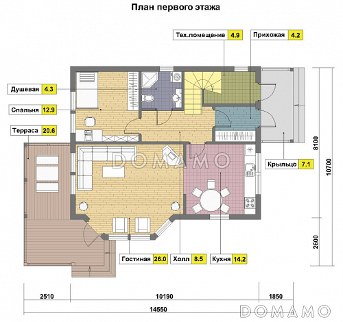 Проект каркасного дома с эркером / План 1 этажа