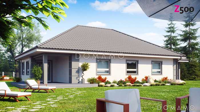 Проект одноэтажного дома из кирпича с просторной гостиной и с большим пристроенным гаражом