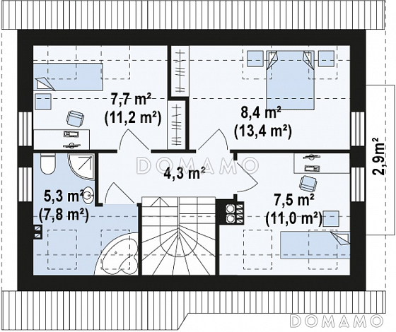 Проект одноэтажного мансардного дома из газобетона с балконом и навесом для автомобиля / План мансардного этажа