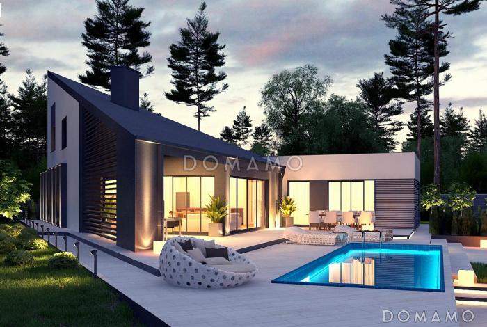 Проект современного одноэтажного дома из газобетона с односкатной крышей, вторым светом и гаражом