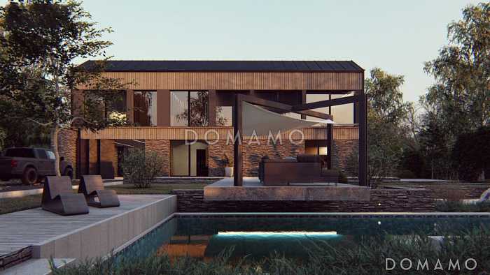 Проект стильного двухэтажного дома с гаражом, кладовой, гардеробной в прихожей, кабинетом, хозяйской спальней