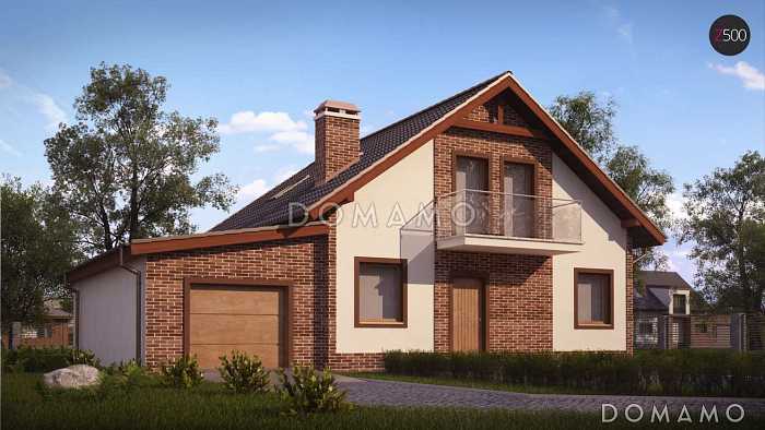 Проект одноэтажного мансардного дома из кирпича с гаражом, эркером и большой площадью остекления в гостиной