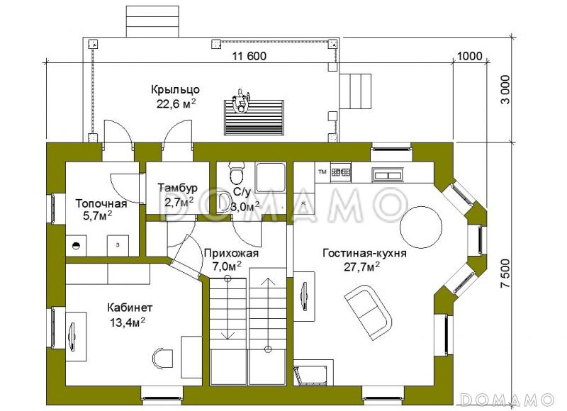 Проект компактного коттеджа с штукатуркой. / План 1 этажа