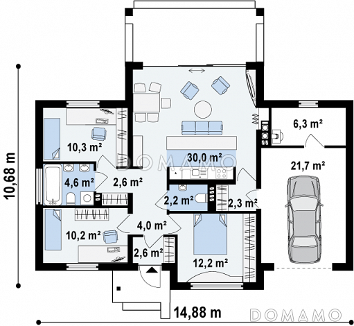 Проект одноэтажного дома из газобетона со встроенным гаражом  / План 1 этажа
