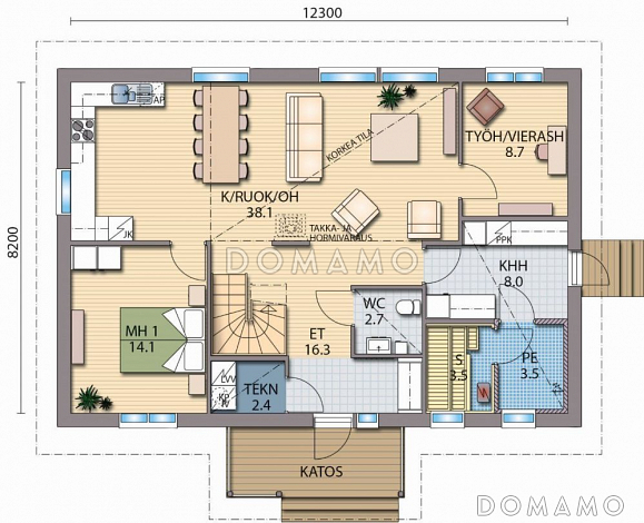 Проект двухэтажного дома с уютным небольшим кабинетом на первом этаже / План 1 этажа