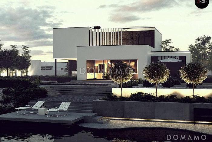 Проект современного двухуровневого дома из газобетона с несколькими террасами, двухместным гаражом и навесом