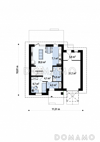 Проект двухэтажного дома из газобетона с кабинетом и гаражом справа / План 1 этажа