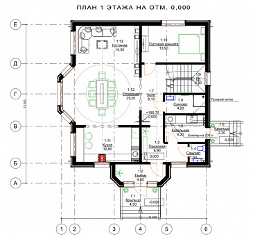 Проект деревянного дома с 3 спальнями и кабинетом на мансарде, гостевой комнатой и просторной дневной зоной / План 1 этажа