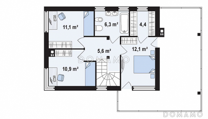 Проект двухэтажного дома из газобетона с четырьмя комнатами, с гаражом и террасой над ним / План 2 этажа