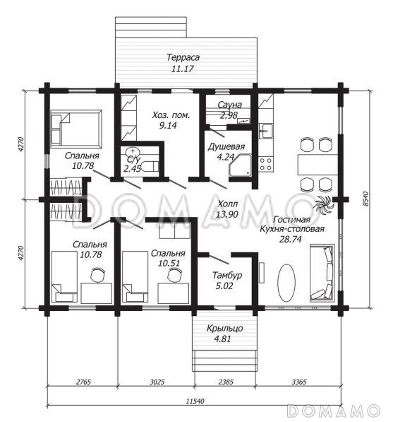 Проект функционального одноэтажного дома из клееного бруса / План 1 этажа
