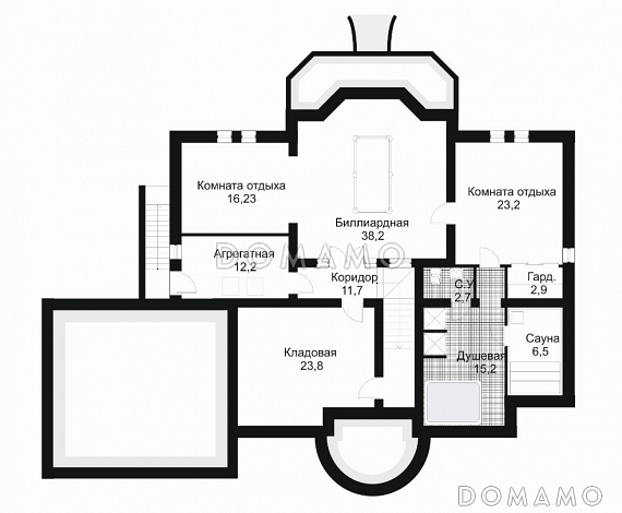 Проект дома с большим круглым эркером / План цокольного этажа