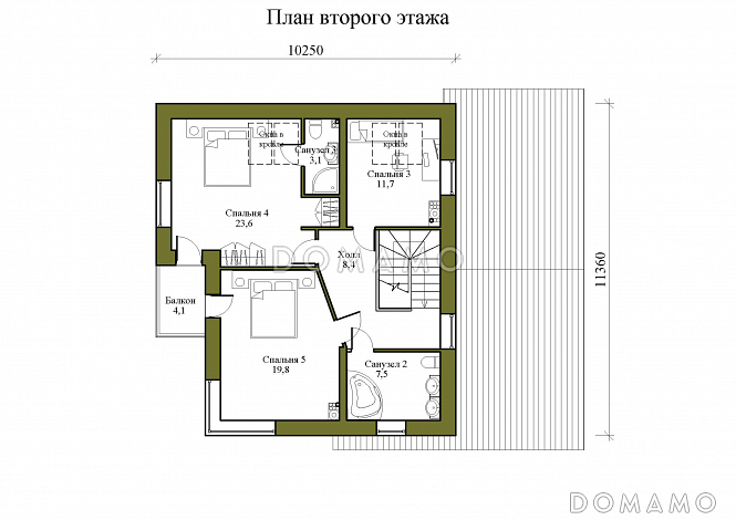 Проект двухэтажного дома из керамических блоков с двускатной крышей с подвалом, террасой и балконом / План 2 этажа