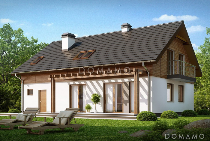 Проект одноэтажного мансардного дома из газобетона простой формы с кабинетом и встроенным гаражом