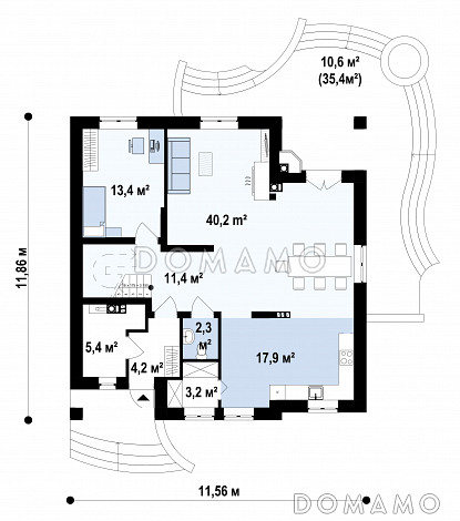 Проект загородного дома с цокольным этажом, камином на террасе, просторной гостиной, кладовой в кухне / План 1 этажа