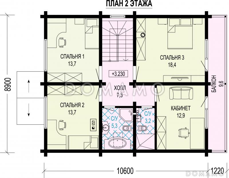 Проект двухэтажного дома из газобетона и бруса с балконом на две комнаты и террасой / План 2 этажа