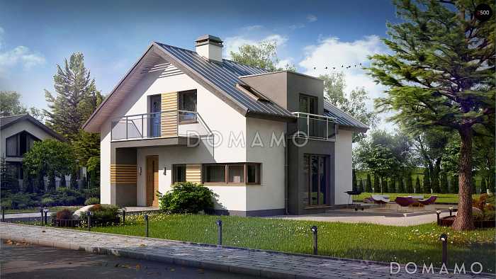 Проект одноэтажного мансардного дома из газобетона с эркером, тремя  балконами и вертикальным мансардным окном