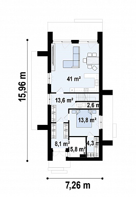 Проект загородного дома в современном стиле с комнатой и гардеробом на первом этаже, тремя спальнями на мансарде, просторной обеденной зоной / План 1 этажа