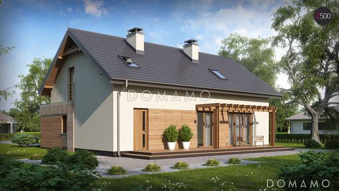 Проект уютного дома с мансардными окнами, балконом, террасой, гаражом на одну машину