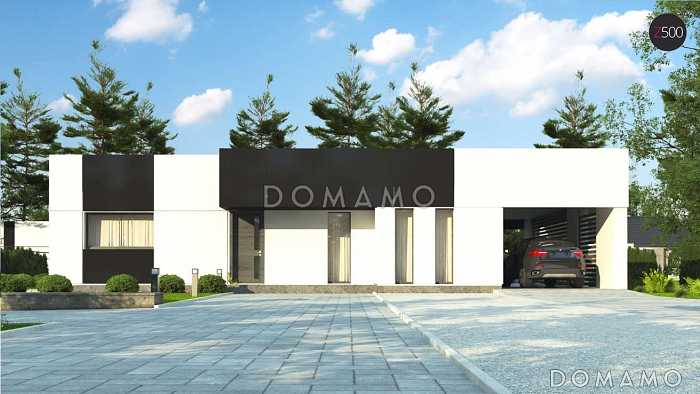 Проект современного одноэтажного дома из кирпича с плоской крышей, с тремя спальнями, террасой и навесом для двух автомобилей