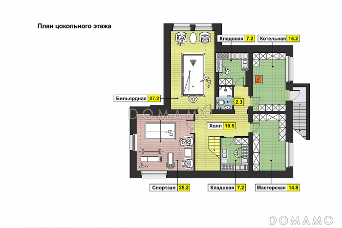 Загородный дом с бильярдной и спортзалом в цокольном этаже, барбекю на террасе, просторной кухней, лоджией и балконами / План цокольного этажа