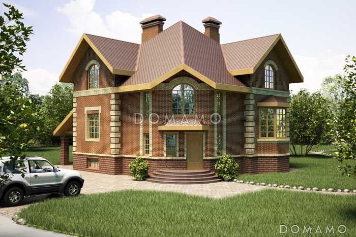 Проект коттеджа с эффектной главной лестницей, со спортзалом в подвале, и угловым крыльцом