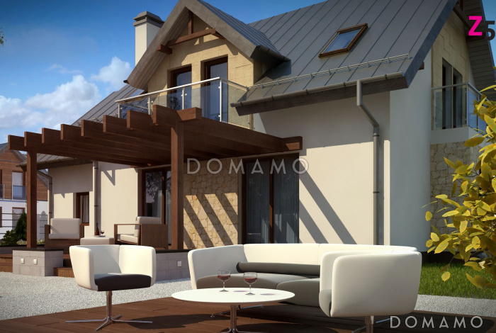 Проект одноэтажного коттеджа из кирпича с мансардным этажом, пятью спальнями и гаражом