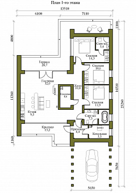 Проект одноэтажного кирпичного дома в стиле хай-тек с "живым" навесом / План 1 этажа