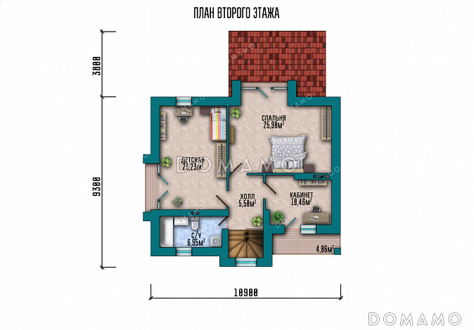 Проект дома с мансардой, светлым панорамным окном на два этажа и навесом для автомобиля / План мансардного этажа