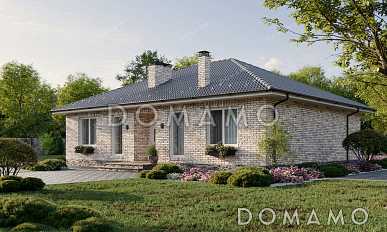 Проект дома с тремя спальнями, окном в ванной комнате и террасой рядом с гостиной