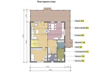 Проект каркасного дома с террасой, мансардой и вторым светом / План 1 этажа