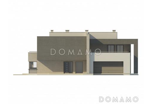 Проект большого современного двухэтажного дома из газобетона необычной формы, с тремя спальнями и кабинетом, сауной и гаражом / Фасад 1