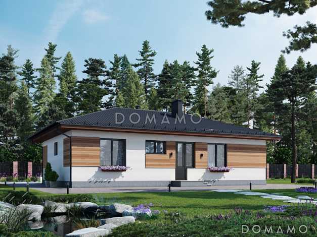 Проект одноэтажного компактного дома из кирпича с двумя спальнями, просторной дневной зоной и крытой террасой