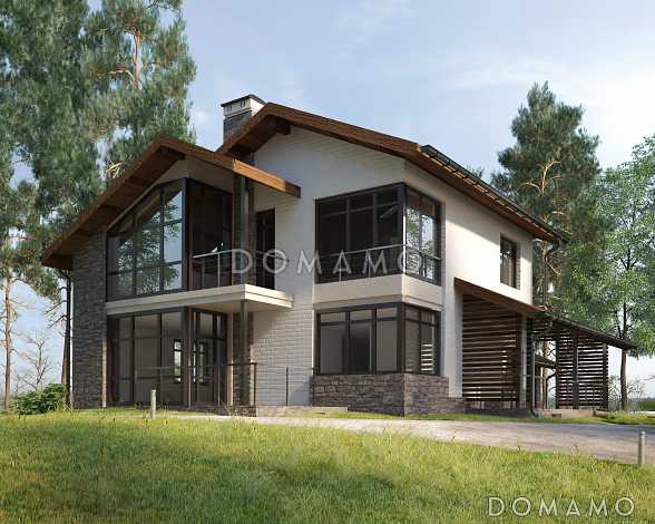 Проект дома с панорамными окнами, гаражом на одну машину, спальней с выходом на террасу, сауной