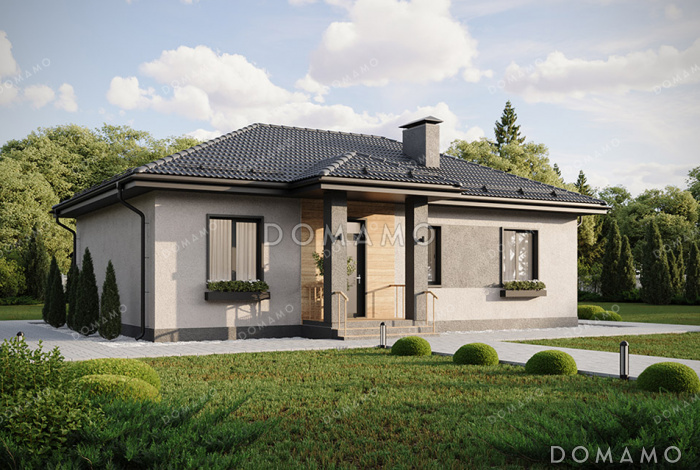 Проект компактного одноэтажного дома с общей вальмовой кровлей над входной группой и террасой и комбинированной отделкой фасада декоративной штукатуркой и планкеном