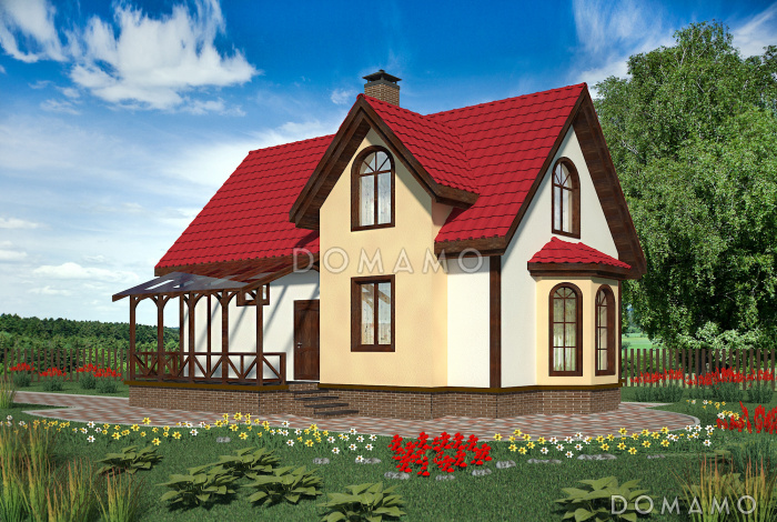 Проект небольшого каркасного дома с большим крыльцом и эркером.