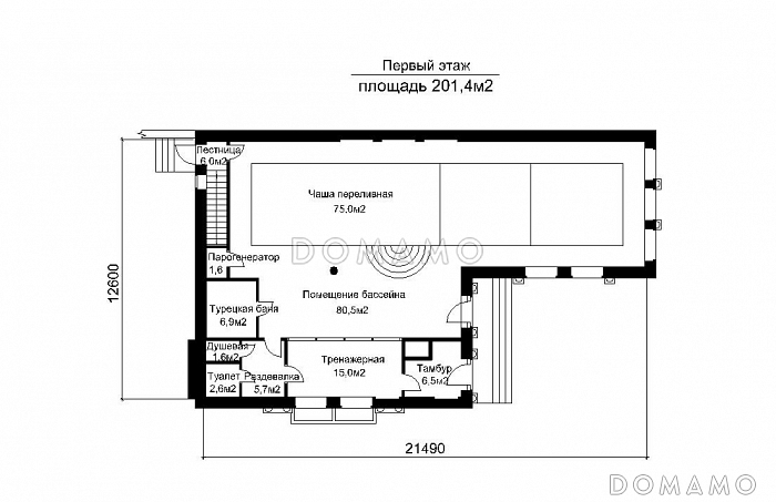 Проект отдельностоящего бассейна круглогодичного использования  / План 1 этажа