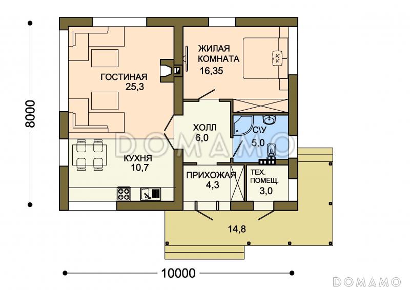 Проект одноэтажного домика с красной полосатой отделкой  фасадов / План 1 этажа