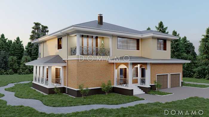 Проект просторного двухэтажного дома с эркером, двумя террасами и гаражом на 2 места