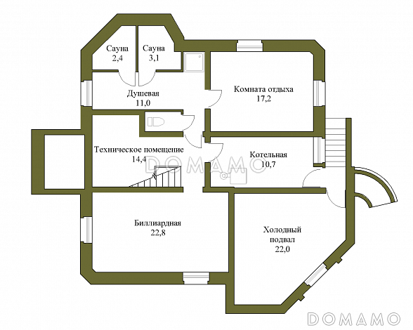 Проект трёхэтажного коттеджа с подвалом и зимним садом / План цокольного этажа