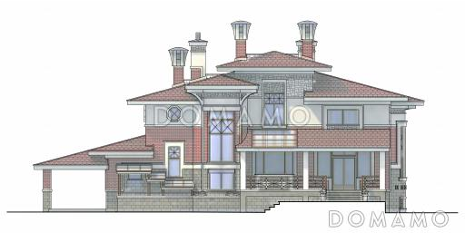 Проект коттеджа с круглой гостиной, гаражом и навесом / Фасад 3