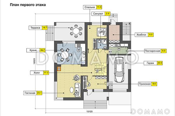 Дом с гаражом на одну машину, спальней на первом этаже, бильярдной в подвале / План 1 этажа